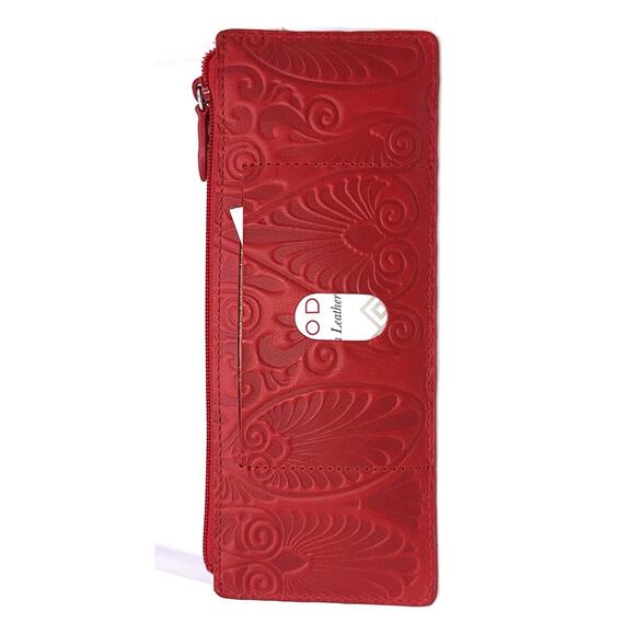 Lodis Slim Long Stacker Red Tooled Leather Credit Card Wallet Many Slots New Box - Picture 2 of 9